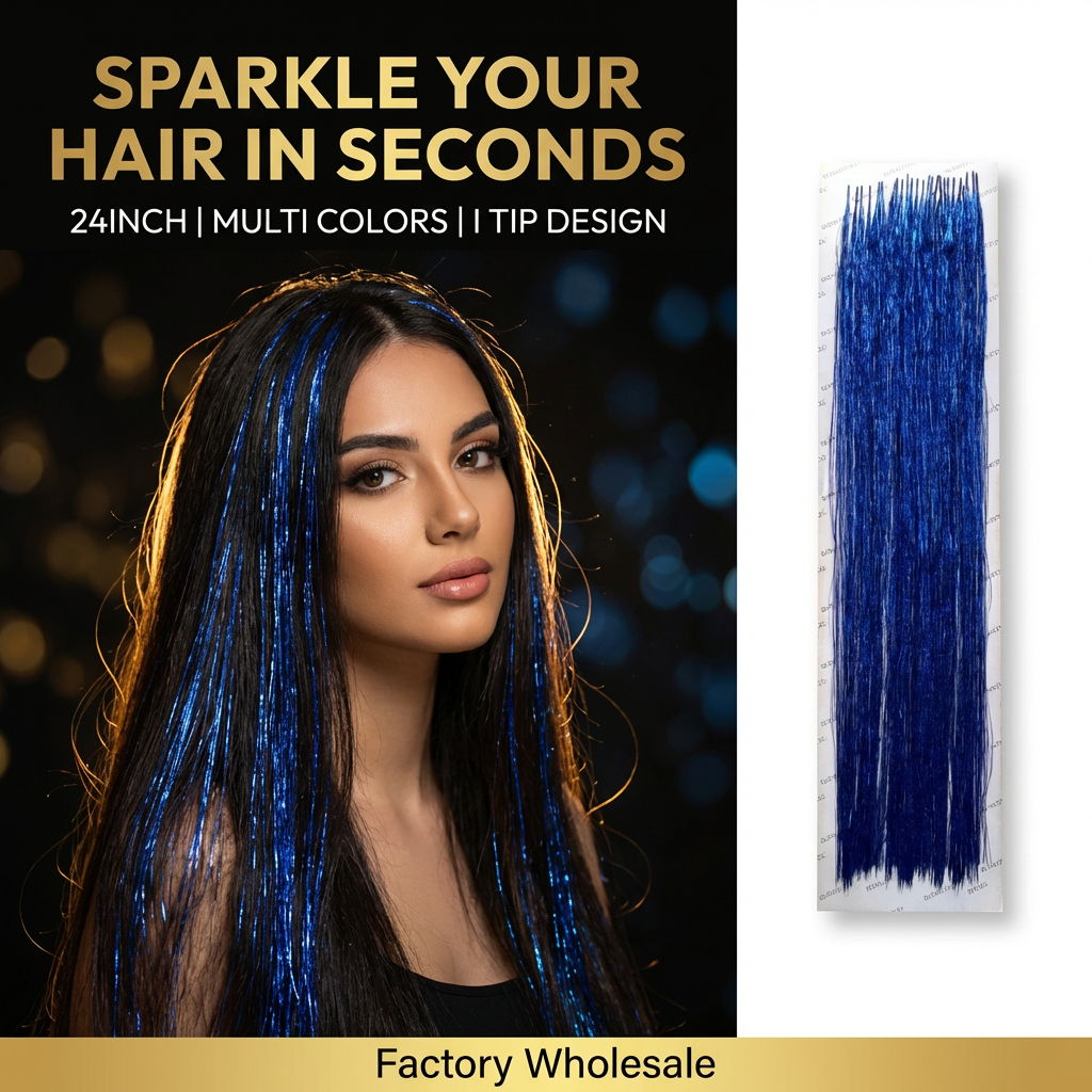 I Tip Hair Tinsel Extensions 24 Inch PET Glitter Hair Strands Wholesale